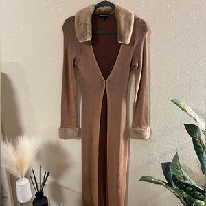 Brown Long Sleeve Knit Cardigan with Faux Fur Trim
